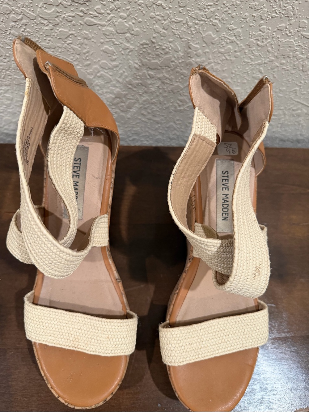 Steve Madden Tan and Cream Woven Wedge Sandals